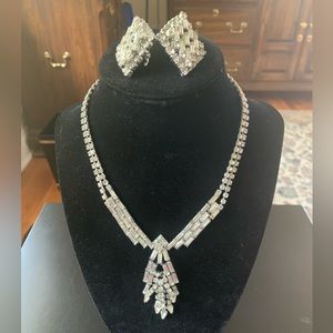 Vintage Art Deco Inspired Rhinestone Necklace and Clip On Earrings Set
